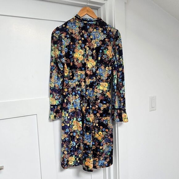 Dalia Macphee Burnout Floral Velvet Metallix Ruffle Runway Dress in Navy - Picture 8 of 16